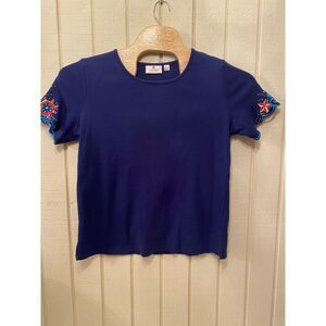 Quacker Factory T-Shirt Women's L Blue Embroidered Bling Sleeves Crew Neck